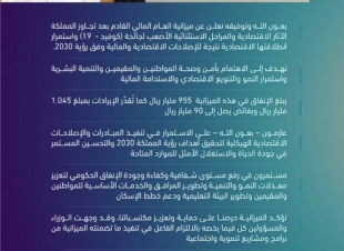 المملكة تعلن ميزانية 2022: انفاق 955 مليار ريال والايرادات 1.045 مليار